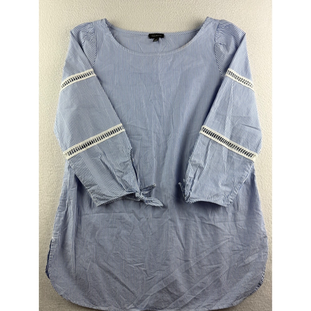 Talbots Womens XS Blue White Striped Cotton Tunic Crochet Lace Tie Cuff Top